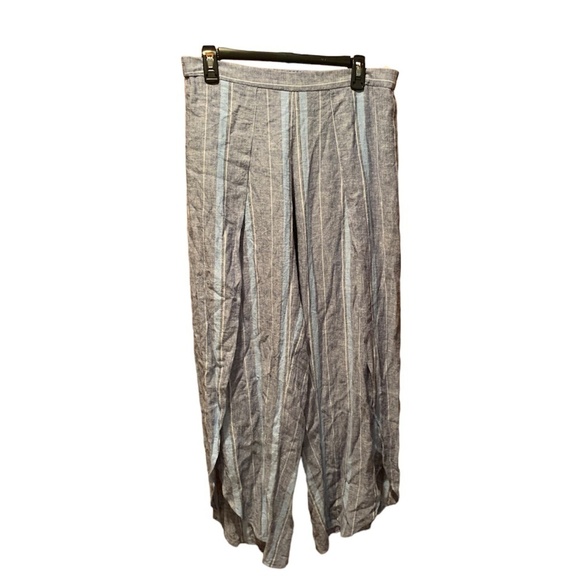 Drew Linen Blend Wide Leg Split Pants Blue Stripe Large - Picture 1 of 6